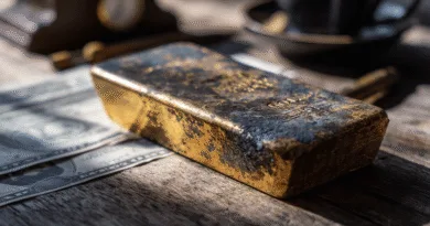 Midcent: En gyllene guldtacka ligger på ett träbord, omgiven av amerikanska dollarsedlar, vilket representerar rikedom och investeringar. Denna bild symboliserar ekonomisk stabilitet och tillväxt. Kategori: Ekonomi.