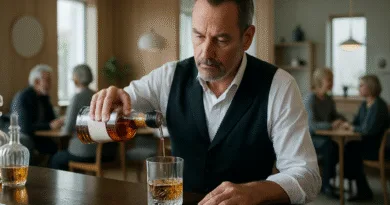 På bilden syns en medelålders man som häller upp en drink i en elegant bar. En sofistikerad atmosfär med avslappnade samtal i bakgrunden skapar en känsla av lyx och komfort. Midcent - Underhållning.