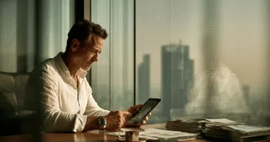 En medelålders man granskar finansiella data på en surfplatta vid ett kontorsbord i en modern stadsmiljö. Midcent - Ekonomi.