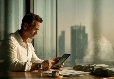 En medelålders man granskar finansiella data på en surfplatta vid ett kontorsbord i en modern stadsmiljö. Midcent - Ekonomi.