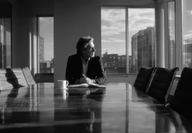 Midcent: En medelålders man i ett modernt kontor, omgiven av fönster och stadsvy. Fokus på affärsstrategi och eftertänksamhet i en professionell miljö. Perfekt för visuella projekt inom företagsvärlden.Kategori: Ekonomi.