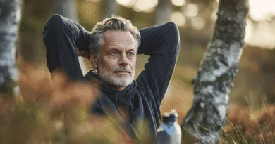 En medelålders man i avslappnad hoodie njuter av naturen. Platsen är omgiven av träd och grönska, vilket förstärker känslan av lugn och ro. Midcent. Resa.