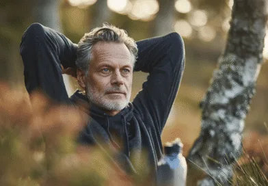 En medelålders man i avslappnad hoodie njuter av naturen. Platsen är omgiven av träd och grönska, vilket förstärker känslan av lugn och ro. Midcent. Resa.