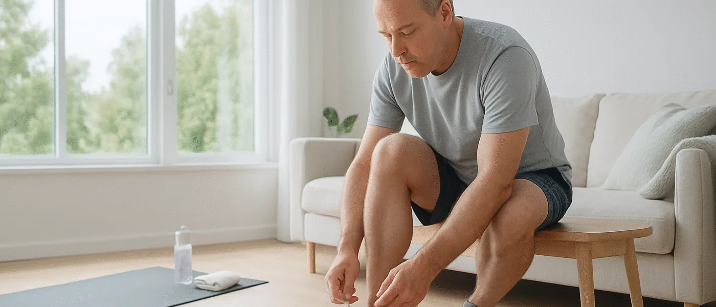 Midcent: en medelålders man förbereder sig för träning hemma. Han knyter sina sneakers innan ett pass på yogamattan i ett ljust vardagsrum. Hälsofrämjande aktivitet i fokus. Kategori: Hälsa.