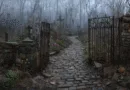 Midcent: Atmosfärisk bild av en gammal kyrkogård med dimmig skog och stenlagd stig. Gravstenar omgivna av vild vegetation skapar en mystisk och stämningsfull känsla. Perfekt för att illustrera gotisk eller historisk estetik. Kategori: Samhälle.