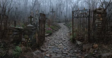 Midcent: Atmosfärisk bild av en gammal kyrkogård med dimmig skog och stenlagd stig. Gravstenar omgivna av vild vegetation skapar en mystisk och stämningsfull känsla. Perfekt för att illustrera gotisk eller historisk estetik. Kategori: Samhälle.