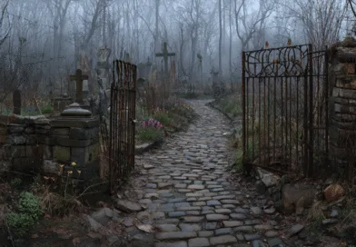Midcent: Atmosfärisk bild av en gammal kyrkogård med dimmig skog och stenlagd stig. Gravstenar omgivna av vild vegetation skapar en mystisk och stämningsfull känsla. Perfekt för att illustrera gotisk eller historisk estetik. Kategori: Samhälle.