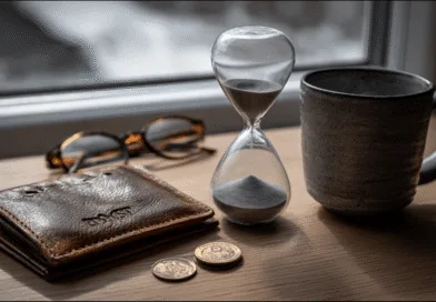 Midcent porträtterar en minimalistisk scen med en plånbok, sandlöpare, kaffekopp och glasögon på ett trämöbel. Fokus på tidshantering och personlig ekonomi. Perfekt för att illustrera livsstilskonceptet i vardagen. Kategori: Ekonomi.