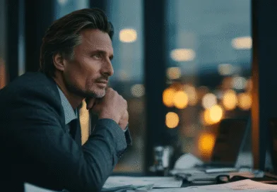Midcent: En medelålders man tänker djupt vid ett kontor på kvällen, omgiven av mjukt sken från lampor och bär en elegant kostym. Fokus på reflektion och affärsmiljö. Passande för artiklar om karriär och livsstil. Kategori: Sam