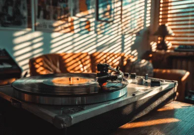 Midcent: En solbelyst skivspelare i ett retroinspirerat vardagsrum, med en mysig atmosfär och vintage möbler. Musiken från vinylskivan ger en nostalgisk känsla för alla musikentusiaster. Kategori: Underhållning.