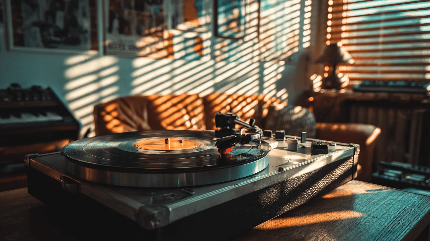 Midcent: En solbelyst skivspelare i ett retroinspirerat vardagsrum, med en mysig atmosfär och vintage möbler. Musiken från vinylskivan ger en nostalgisk känsla för alla musikentusiaster. Kategori: Underhållning.