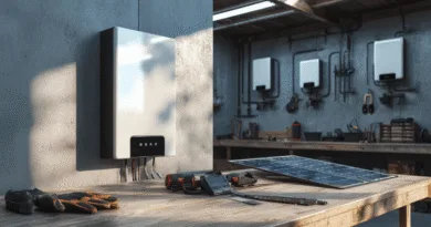 Midcent: Bild av ett modernt tekniskt system för solenergiinstallation med solpanel och verktyg i verkstadsmiljö. Innovativ teknik för hållbar energilösning och effektivitet. Perfekt för installation och energioptimering. Nyckelord: solenergi, teknik, hållbarhet. K