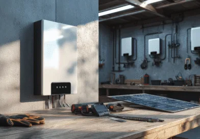 Midcent: Bild av ett modernt tekniskt system för solenergiinstallation med solpanel och verktyg i verkstadsmiljö. Innovativ teknik för hållbar energilösning och effektivitet. Perfekt för installation och energioptimering. Nyckelord: solenergi, teknik, hållbarhet. K