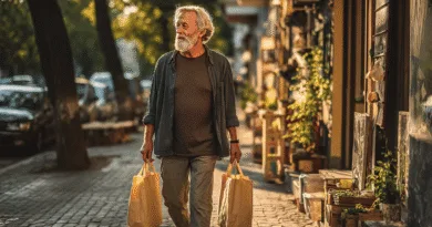 Midcent: En medelålders man promenerar längs en solbelyst gata, bärandes på papperspåsar. Omgiven av grönska och butiksfönster, framkallar han en känsla av lugn och vardaglig charm. Kategori: Samhälle.