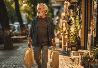 Midcent: En medelålders man promenerar längs en solbelyst gata, bärandes på papperspåsar. Omgiven av grönska och butiksfönster, framkallar han en känsla av lugn och vardaglig charm. Kategori: Samhälle.