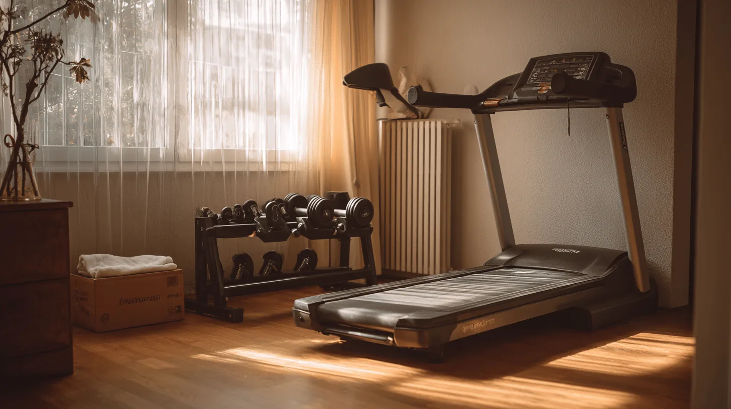 Midcent hemgym med löpband och hantlar i ett solbelyst rum, idealiskt för hemmaträning och fitnessentusiaster som söker en bekväm miljö för att nå sina träningsmål. Skapa en personlig träningsstudio för optimal hälsa och välbefinnande. Hälsa.