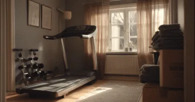 Midcent: Ett välordnat hemmagym med träningsmaskin och vikter, upplyst av naturligt ljus från ett fönster. Perfekt för träning och avkoppling i hemmet. Kategori: Hälsa.