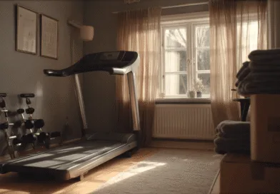 Midcent: Ett välordnat hemmagym med träningsmaskin och vikter, upplyst av naturligt ljus från ett fönster. Perfekt för träning och avkoppling i hemmet. Kategori: Hälsa.