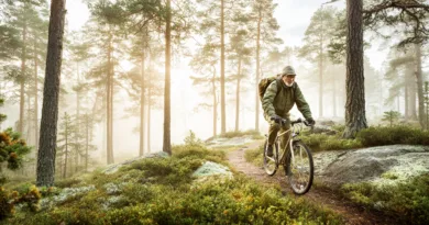 Midcent: En medelålders man cyklar genom en dimmig skog, omgiven av höga träd och frodig grönska. Scenen utstrålar friluftsliv och äventyr. Perfekt bild för att inspirera till naturutflykter och aktivt liv. Kategori: Hä