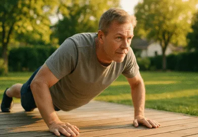 Midcent: En medelålders man tränar utomhus i en park. Hälsa.