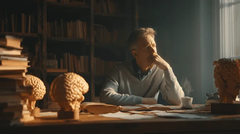 Midcent: I ett bibliotek sitter en medelålders man i djup tankeverksamhet. Runt honom finns böcker och modeller av hjärnor, vilket indikerar ett fokus på lärande och kunskap. Kategori: Hälsa.