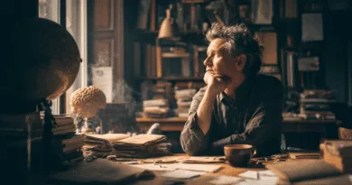 Midcent: En medelålders man sitter tankfullt vid ett skrivbord fyllt med böcker och dokument. En jordglob och en modell av en hjärna syns i bakgrunden. Ljus från fönstret skapar en stämningsfull atmosfär. Kategori: Samhälle.