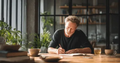 Midcent: En medelålders man skriver fokuserat vid ett bord i ett solbelyst rum med växter och böcker, vilket skapar en harmonisk och kreativ atmosfär. Kategori: Samhälle.