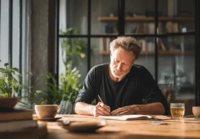 Midcent: En medelålders man skriver fokuserat vid ett bord i ett solbelyst rum med växter och böcker, vilket skapar en harmonisk och kreativ atmosfär. Kategori: Samhälle.