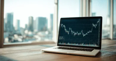 Midcent: En bärbar dator visar en uppåtgående aktiekurs mot en stadsbakgrund, symboliserar starka ekonomiska trender och investeringsmöjligheter. Perfekt för entreprenörer och investerare som vill hålla koll på marknadsutvecklingen. Kategori: Ekonomi.