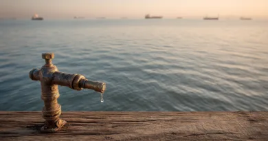 Midcent erbjuder insikter om vattenkvalitet och hållbarhet. En gammal kran droppar vid havet, vilket illustrerar betydelsen av vattenresurser. Kategori: Miljö.