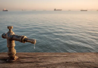 Midcent erbjuder insikter om vattenkvalitet och hållbarhet. En gammal kran droppar vid havet, vilket illustrerar betydelsen av vattenresurser. Kategori: Miljö.