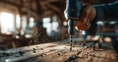 Midcent: En medelålders man använder en borrmaskin för ett precisionsarbete i trä, vilket illustrerar hantverksskicklighet och teknikens betydelse i verkstadsarbete. Välkommet i alla snickeri- och hantverksmiljöer. Kategori: Teknik.