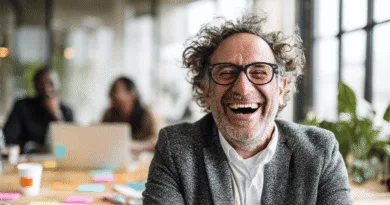 En medelålders man i en kontorsmiljö skrattar glatt, omgiven av kollegor och färgglada post-it-lappar. En känsla av positivitet och samarbete genomsyrar bilden. Midcent: Samhälle.