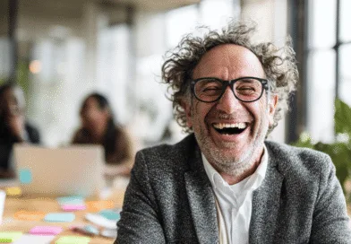 En medelålders man i en kontorsmiljö skrattar glatt, omgiven av kollegor och färgglada post-it-lappar. En känsla av positivitet och samarbete genomsyrar bilden. Midcent: Samhälle.