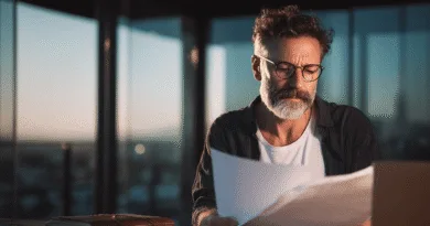 Midcent: En medelålders man granskar dokument i ett modernt kontor vid skymning. Fokus ligger på noggrannhet och analytisk förmåga. Teknik.