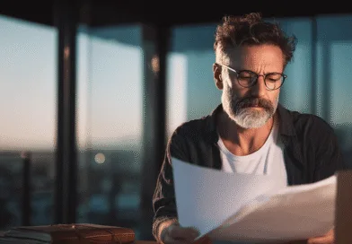 Midcent: En medelålders man granskar dokument i ett modernt kontor vid skymning. Fokus ligger på noggrannhet och analytisk förmåga. Teknik.