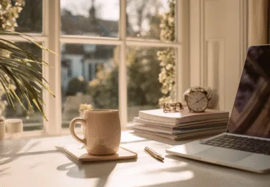 Bild av ett ljust och inspirerande hemmakontor med laptop, kaffekopp och växter vid fönstret i ett solbelyst rum. Perfekt för produktivitet och kreativitet. Midcent. Kategori: Teknik.