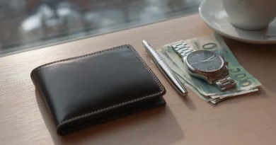 Midcent: Bilden visar en elegant plånbok, ett stiligt armbandsur, en silverpenna och sedlar på ett träbord, inramat av naturligt ljus. Kategorin Ekonomi.