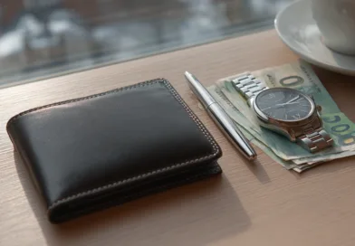 Midcent: Bilden visar en elegant plånbok, ett stiligt armbandsur, en silverpenna och sedlar på ett träbord, inramat av naturligt ljus. Kategorin Ekonomi.