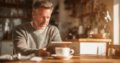 Midcent: En medelålders man sitter vid ett bord och läser på en surfplatta. Morronljus lyser upp rummet med en avkopplad atmosfär. Kategorin är Samhälle.