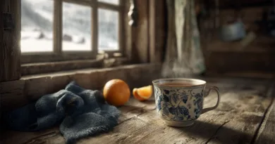Midcent: En inbjudande vintermiljö med snöig utsikt genom ett träfönster, en varm kopp te i blåvit mugg och citrusfrukter på träbordet. Perfekt för avkoppling och njutning. Mat.
