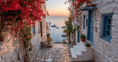 Midcent: Utforska den idylliska grekiska kustbyn med pittoreska stengator och färgglada blommor, som leder ner till det lugna havet och ankrade båtar i skymningen. Perfekt för avkopplande resor och kulturupplevelser.Kategori: Resa.