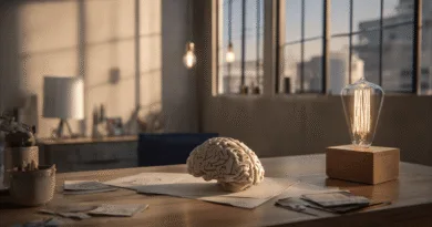 Midcent erbjuder en elegant kombination av konst och vetenskap. En realistisk hjärnmodell placeras på ritningar i en stilfull, industriell miljö. Perfekt belysning skapar harmonisk balans och inspirerar till kreativitet och innovation. Kategori: Teknik.