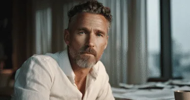 En medelålders man med skägg och stiligt uttryck, fotad i naturligt ljus mot en bakgrund av dokument och en kopp kaffe. Idealisk för diskussioner om arbete eller livsstil. Midcent. Kategori: Samhälle.