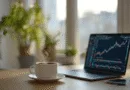 Midcent: En varm kopp kaffe står på ett skrivbord bredvid en bärbar dator med aktiekurvor på skärmen, omgiven av gröna växter, vilket skapar en inspirerande arbetsmiljö.Kategori: Ekonomi.