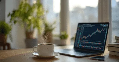 Midcent: En varm kopp kaffe står på ett skrivbord bredvid en bärbar dator med aktiekurvor på skärmen, omgiven av gröna växter, vilket skapar en inspirerande arbetsmiljö.Kategori: Ekonomi.