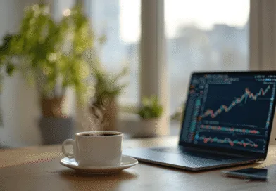 Midcent: En varm kopp kaffe står på ett skrivbord bredvid en bärbar dator med aktiekurvor på skärmen, omgiven av gröna växter, vilket skapar en inspirerande arbetsmiljö.Kategori: Ekonomi.