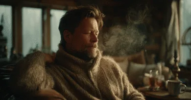 Midcent: En medelålders man njuter av en avslappnad stund i en mysig stuga med varm dryck och mjuk tröja, omgiven av varmt ljus och lugn atmosfär. Perfekt för avkoppling och reflektion. Kategori: Samhälle.