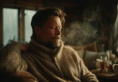 Midcent: En medelålders man njuter av en avslappnad stund i en mysig stuga med varm dryck och mjuk tröja, omgiven av varmt ljus och lugn atmosfär. Perfekt för avkoppling och reflektion. Kategori: Samhälle.