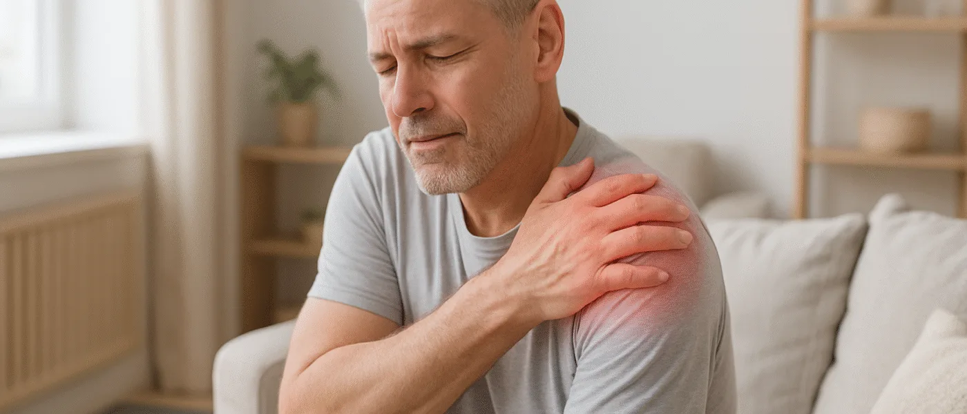 En medelålders man upplever axelsmärta i hemmiljö, vilket antyder problem med rörlighet eller inflammation. Bilden fångar smärta och obehag, vilket kan relateras till vanliga hälsoproblem. Midcent - Hälsa.